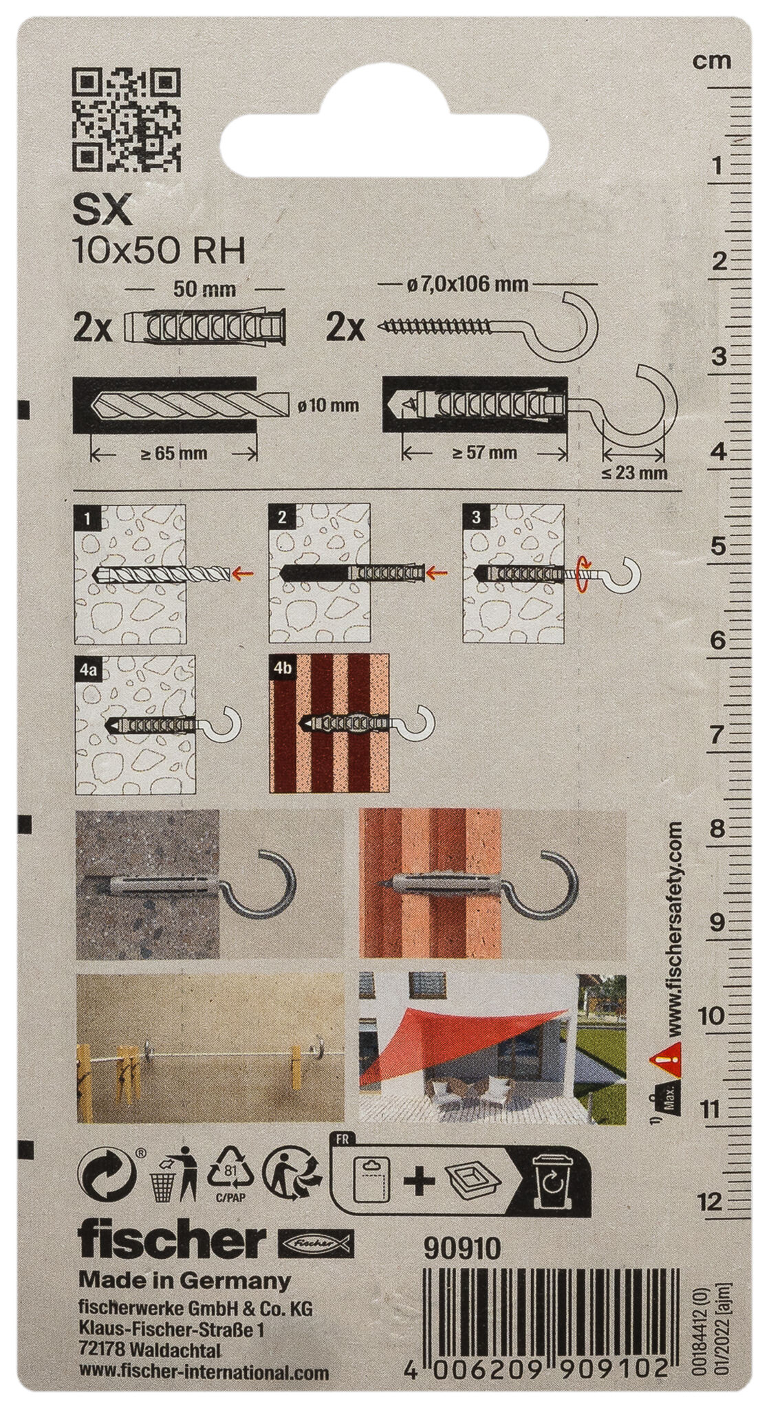 Packaging: "fischer Expansion plug SX 10 x 50 RH with round hook"
