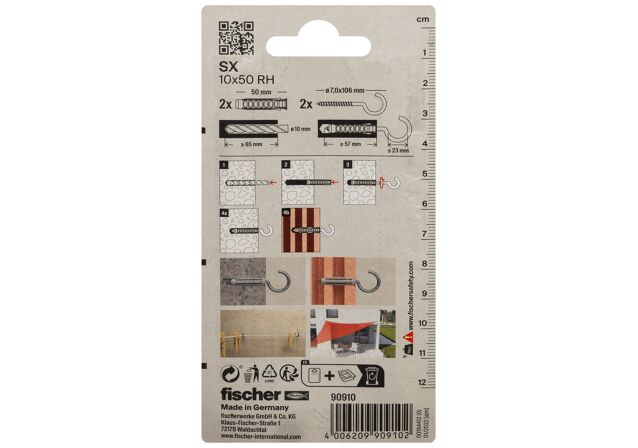 Packaging: "fischer Udvidelsesplug SX 10 x 50 RH med øjekrog"