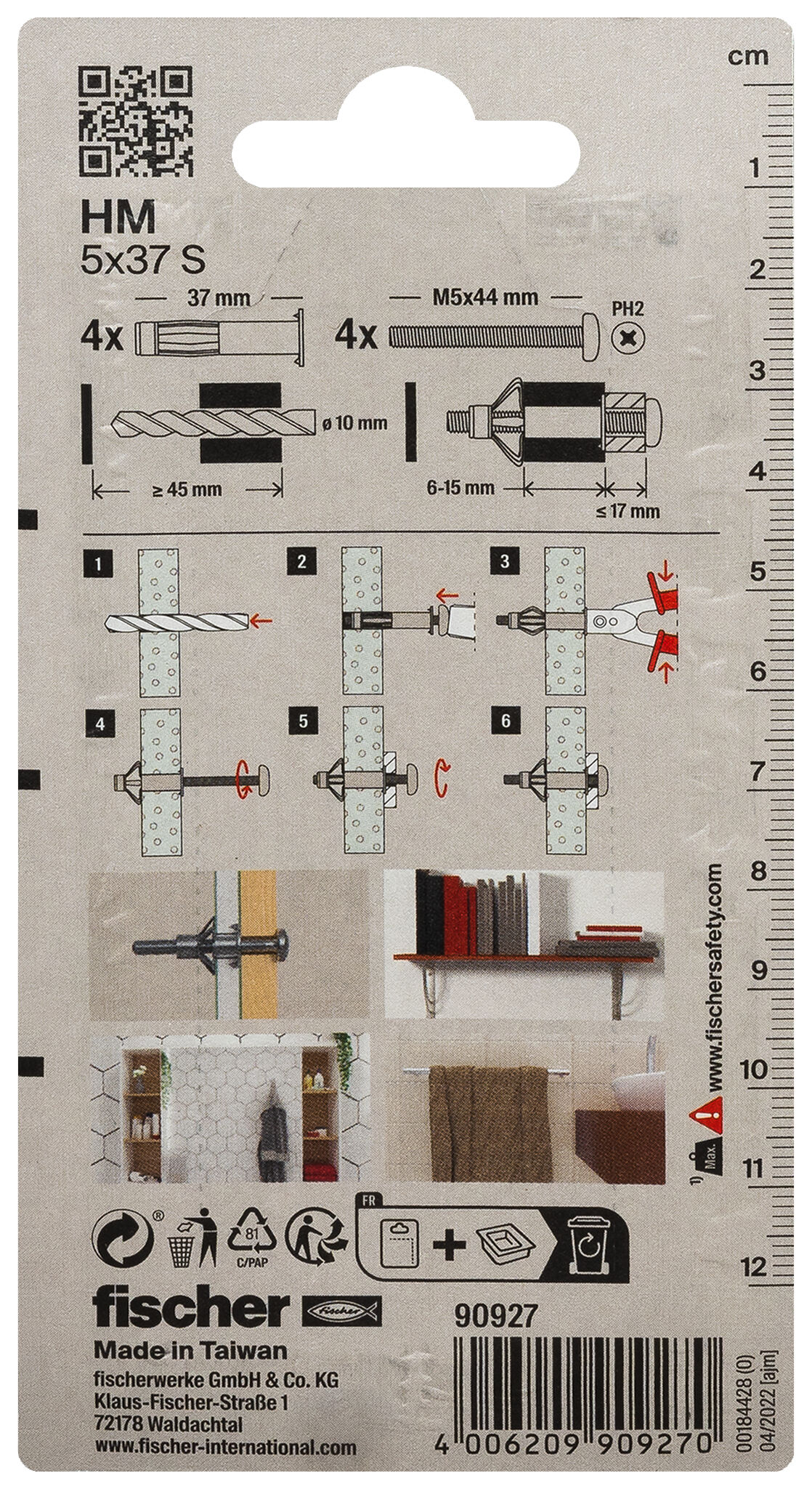 Packaging: "fischer Metal cavity fixing HM 5 x 37 S with screw SB-card"