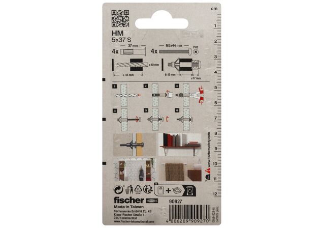 Packaging: "fischer Metallitulppa levyseiniin HM 5 x 37 S with screw SB-card"