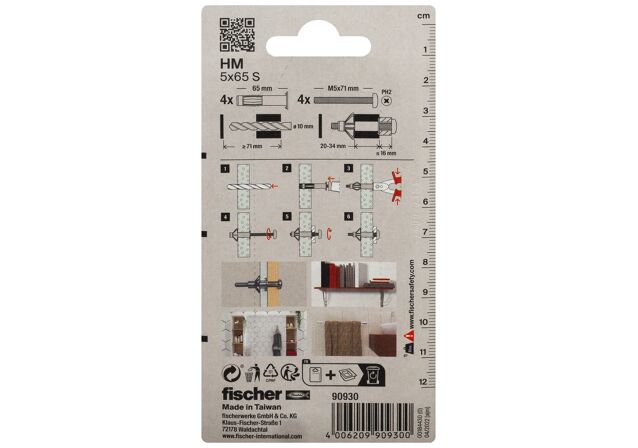 Packaging: "fischer Metallitulppa levyseiniin HM 5 x 65 S with screw SB-card"