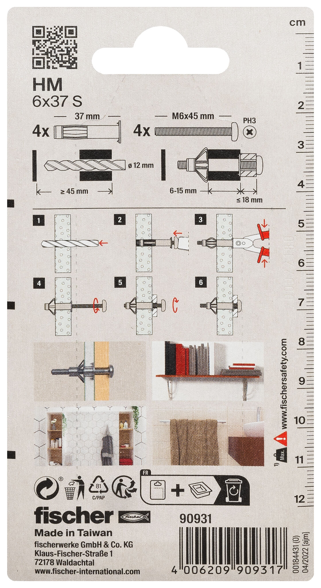 Packaging: "fischer Metal cavity fixing HM 6 x 37 S with screw SB-card"