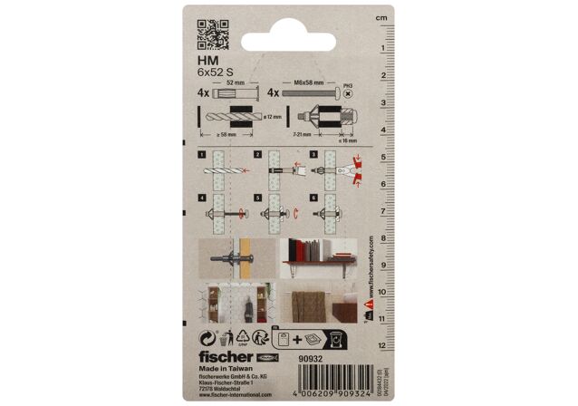 Packaging: "fischer Hulrumsmetaldybel HM 6 x 52 S med skrue SB-kort"