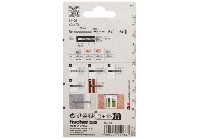 Packaging: "fischer Pencere çerçeve vidaları FFS 7,5 x 72 TX30 K SB kart"