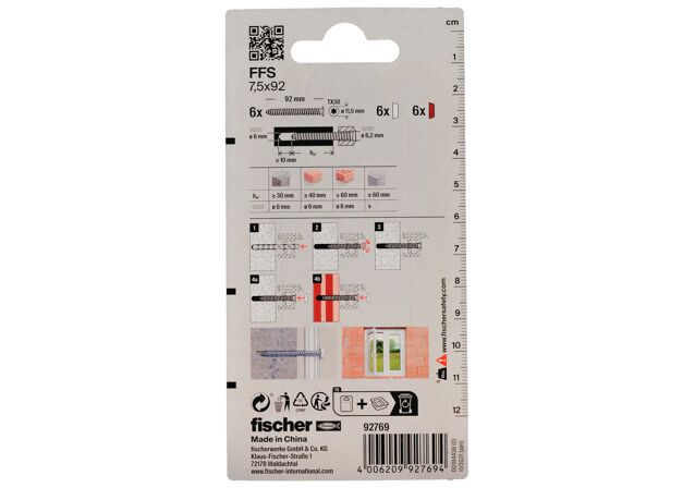 Packaging: "fischer Pencere çerçeve vidaları FFS 7,5 x 92 TX30 K SB kart"