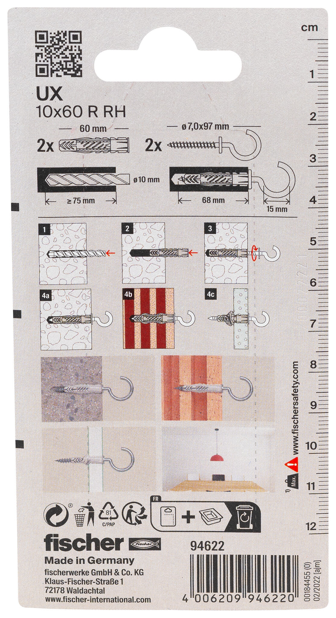 Packaging: "fischer Universal plug UX 10 x 60 R RH with rim and round hook"