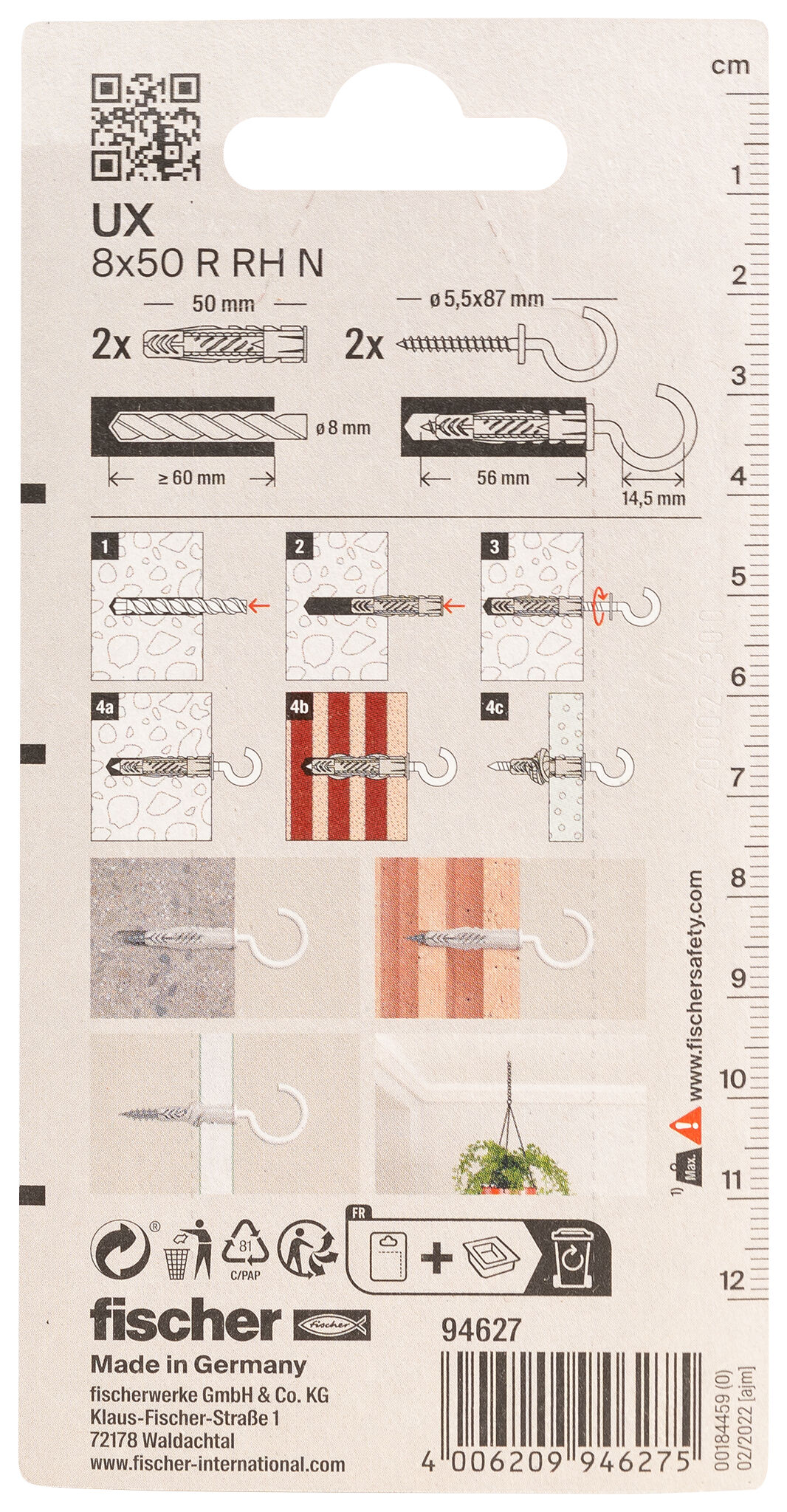 Packaging: "fischer Universal plug UX 8 x 50 R RH with rim and round hook"