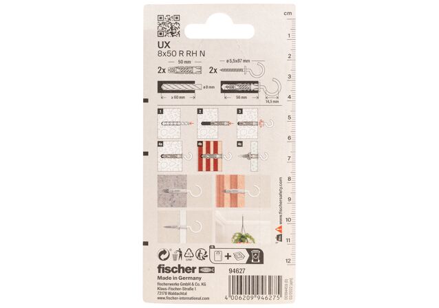 Packaging: "fischer Tampão universal UX 8 x 50 R RH com rebordo and round hook"