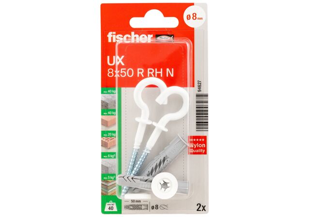 Packaging: "fischer Universal plug UX 8 x 50 R RH with rim and round hook"