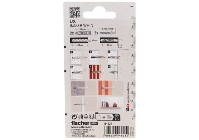Packaging: "fischer Universal plug UX 8 x 50 R WH with rim and round hook"