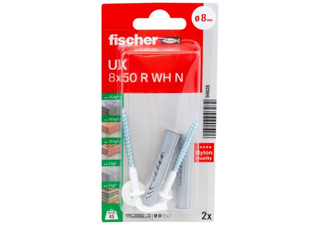 Packaging: "fischer Universal plug UX 8 x 50 R WH with rim and round hook"
