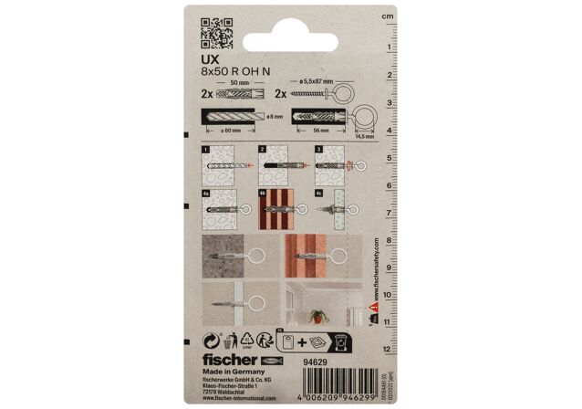 Packaging: "fischer Universal plug UX 8 x 50 R OH with rim and white eye hook"