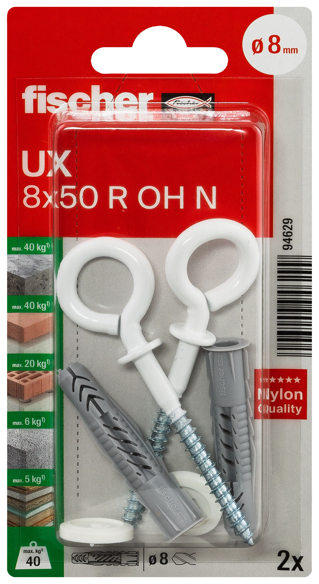 Packaging: "fischer Universal plug UX 8 x 50 R OH with rim and white eye hook"