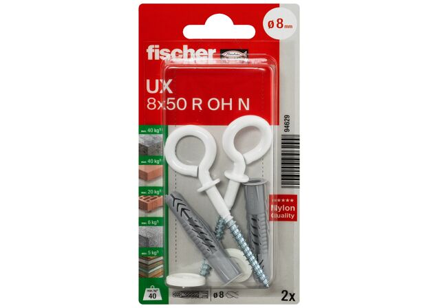 Packaging: "fischer Tampão universal UX 8 x 50 R OH com rebordo and white eye hook"