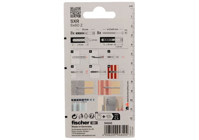 Packaging: "fischer Fixação para fachadas SXR 6 x 60 Z K com parafuso de cabeça de embeber para construções em madeira"