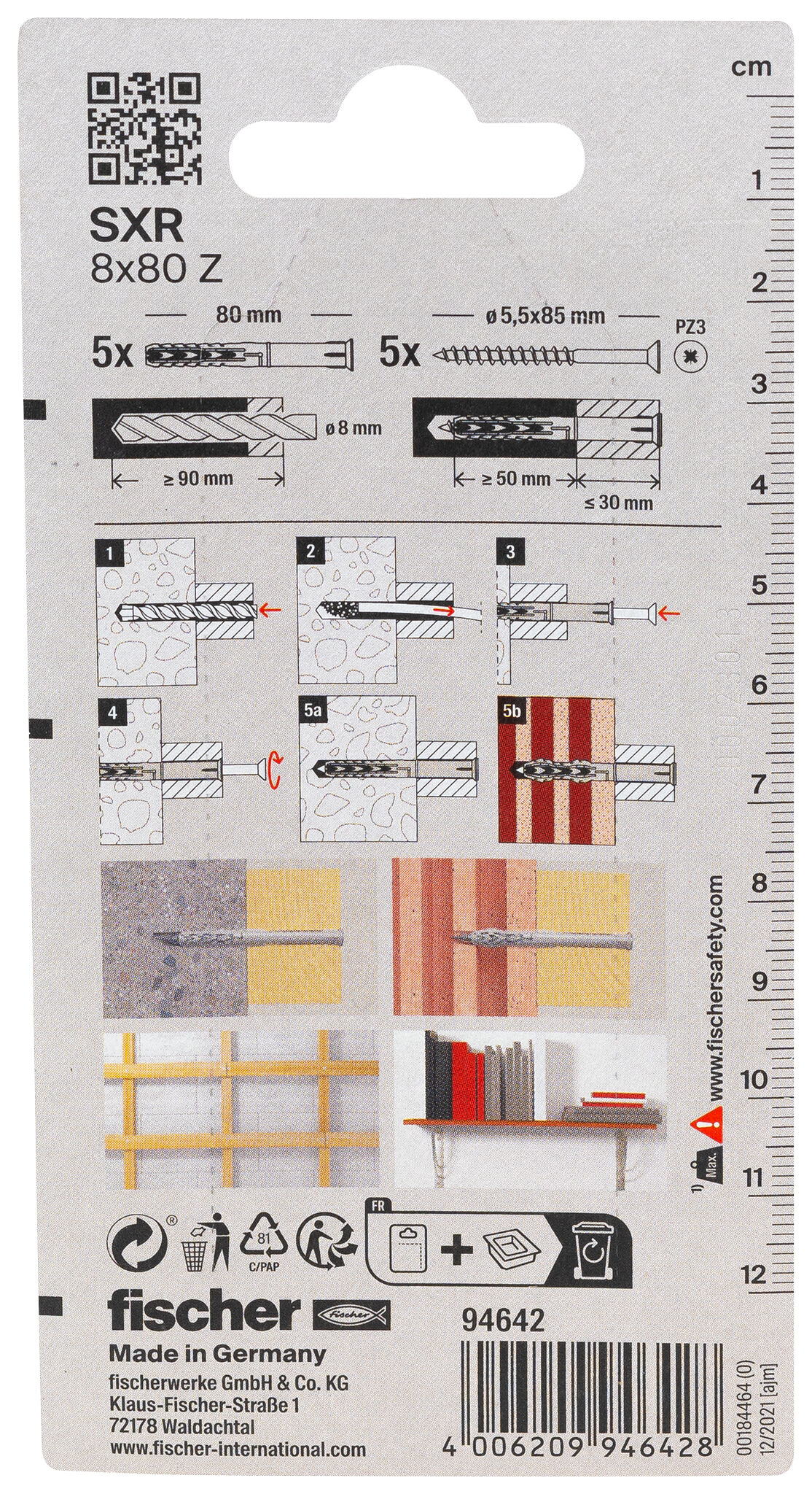 Packaging: "fischer Frame fixing SXR 8 x 80 Z with countersunk wood screw K SB-card"