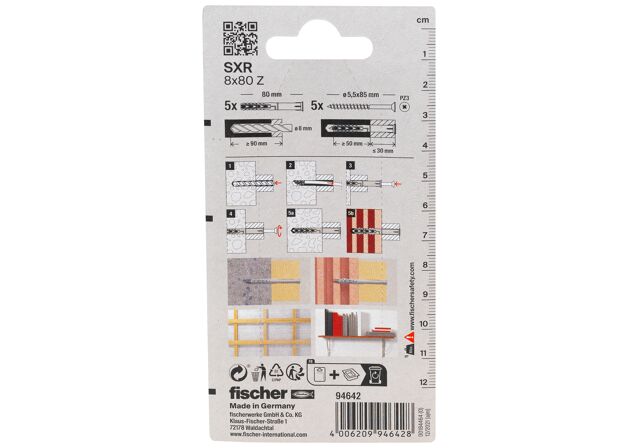 Emballasje: "fischer Fasadeplugg SXR 8 x 80 Z med senkhode treskrue blisterkort"