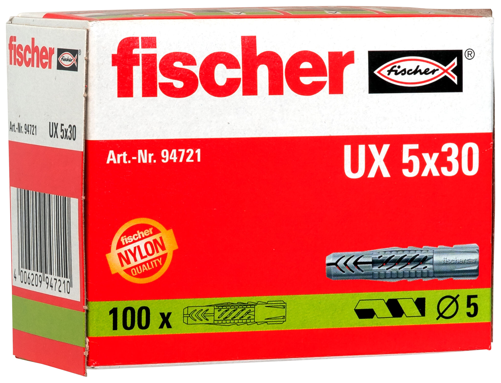 Packaging: "fischer Universal plug UX 5 x 30 without rim"