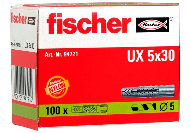 Packaging: "fischer Universalplug UX 5 x 30 uden krave"