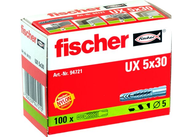 Packaging: "fischer 安全尼龙锚栓UX5 x 30 无端缘"