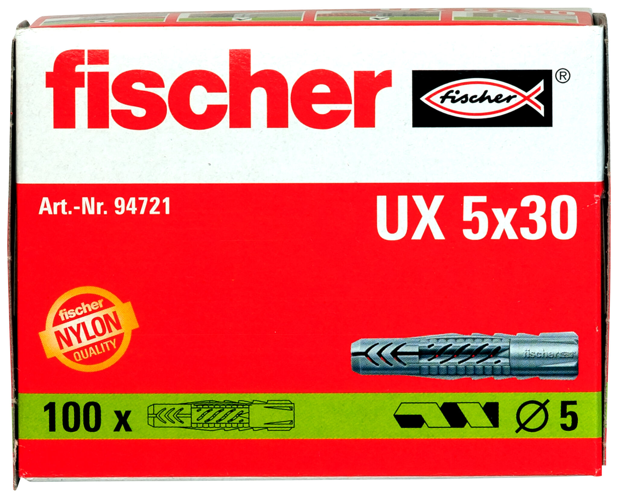 Packaging: "fischer Universal plug UX 5 x 30 without rim"