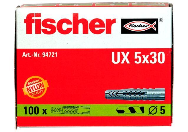 Packaging: "fischer 安全尼龙锚栓UX5 x 30 无端缘"