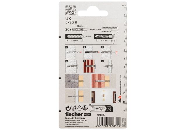 Packaging: "fischer Universal plug UX 5 x 30 R K with rim"