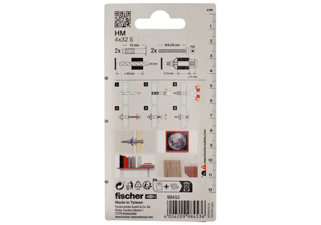 Emballasje: "fischer Gipsplateanker HM 4 x 32 S med skrue blisterkort (NOBB 49137060)"