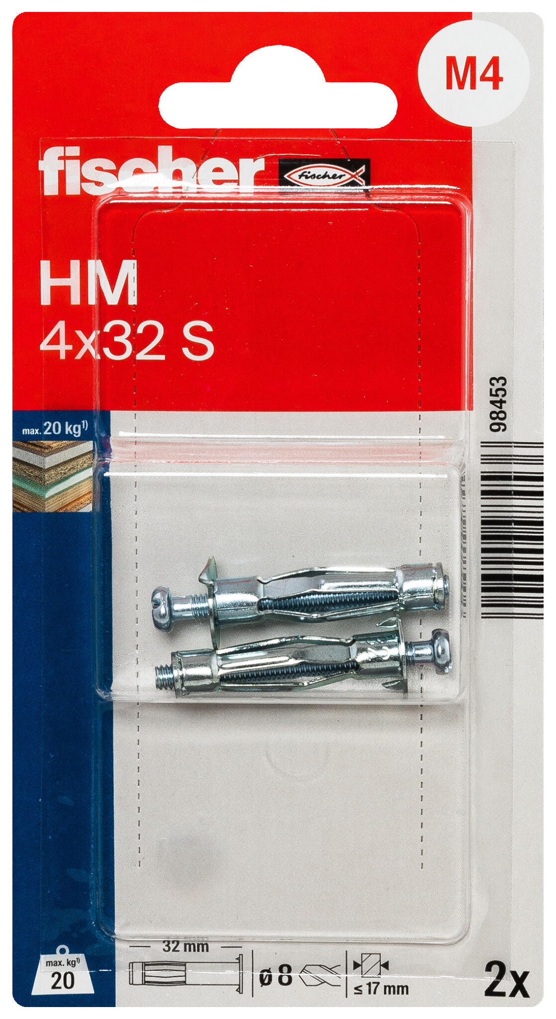 Packaging: "fischer Metal cavity fixing HM 4 x 32 S with screw SB-card"