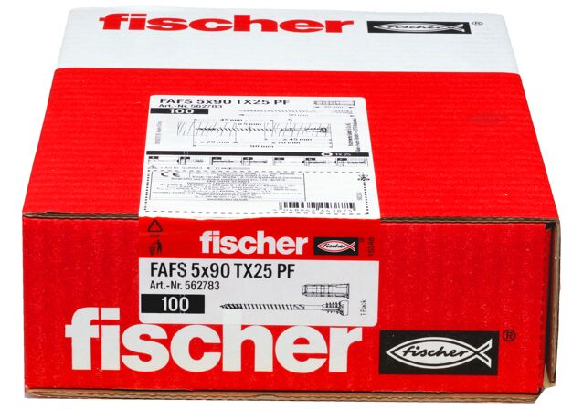 Emballasje: "fischer justerskrue FAFS 5 x 90 T 25 PF til forborede karmer (NOBB 60031841)"