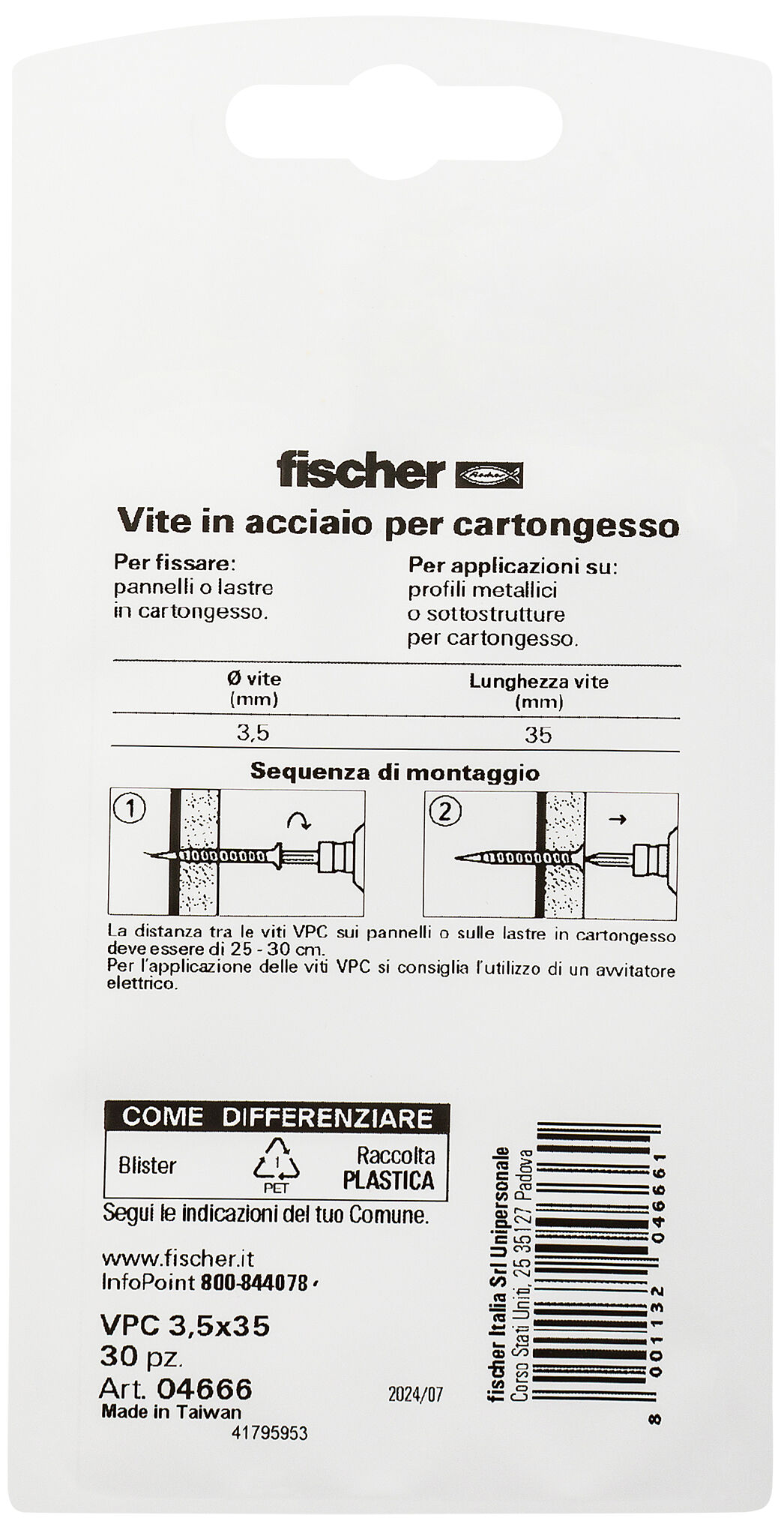 Confezione: "VPC 3,5X35 K Vite per cartongesso con punta autoperforante"