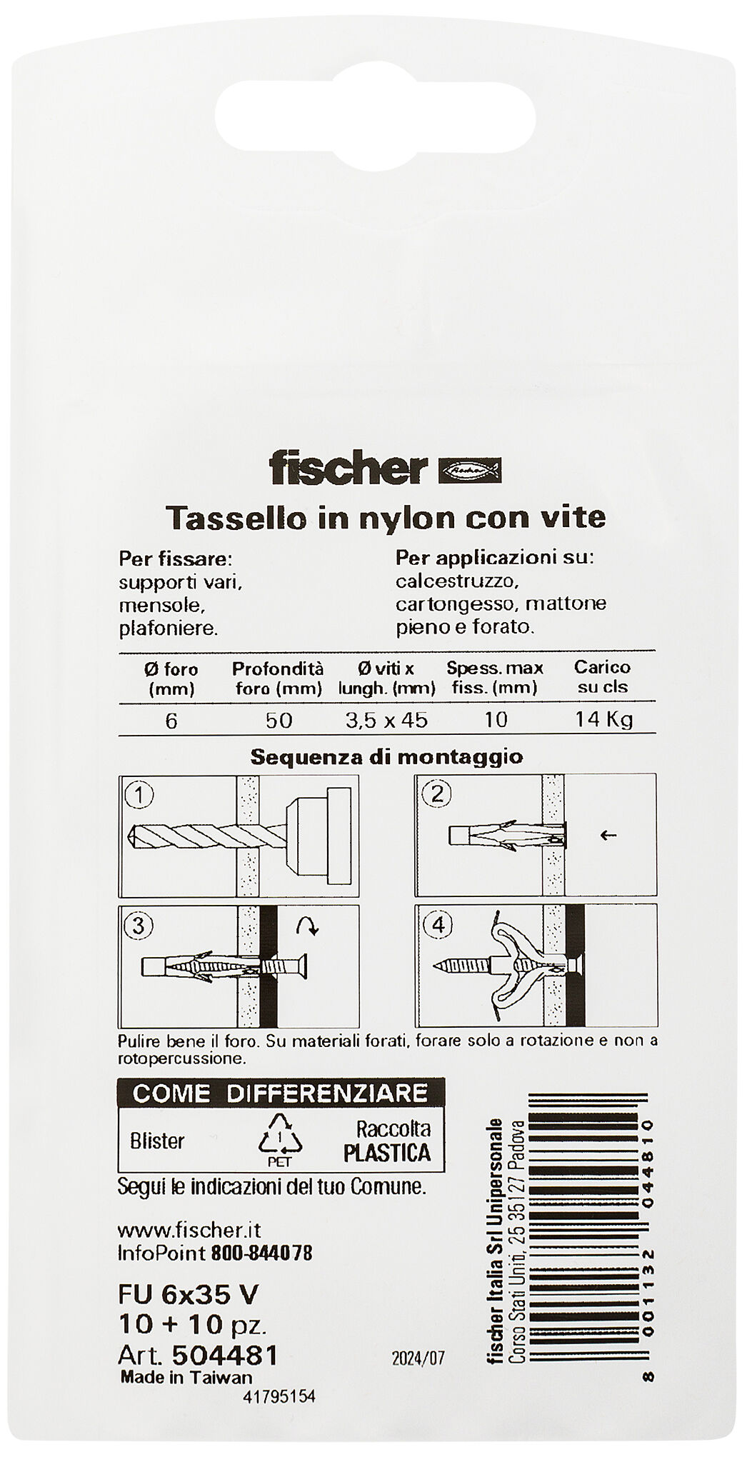 Confezione: "FU 6x35 V tassello con vite in blister"