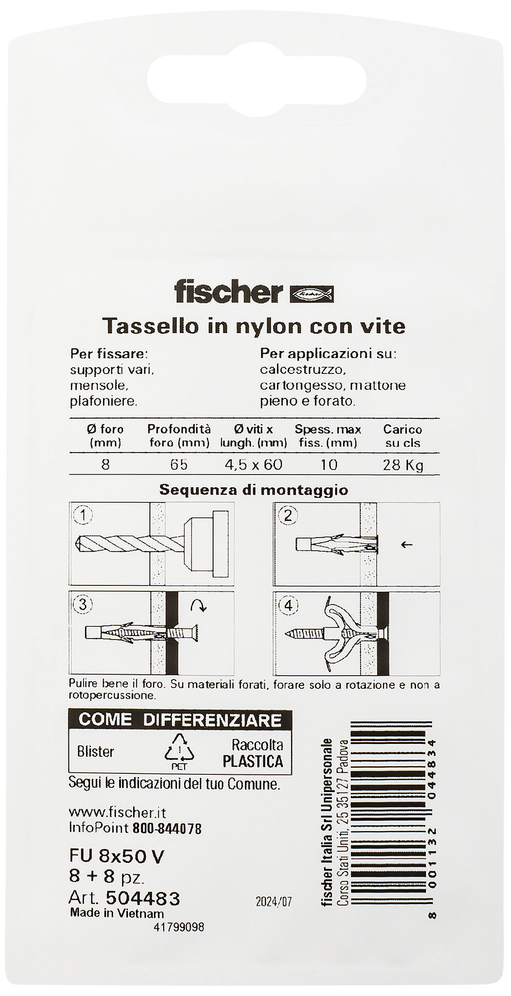Confezione: "FU 8x50 V tassello con vite in blister"