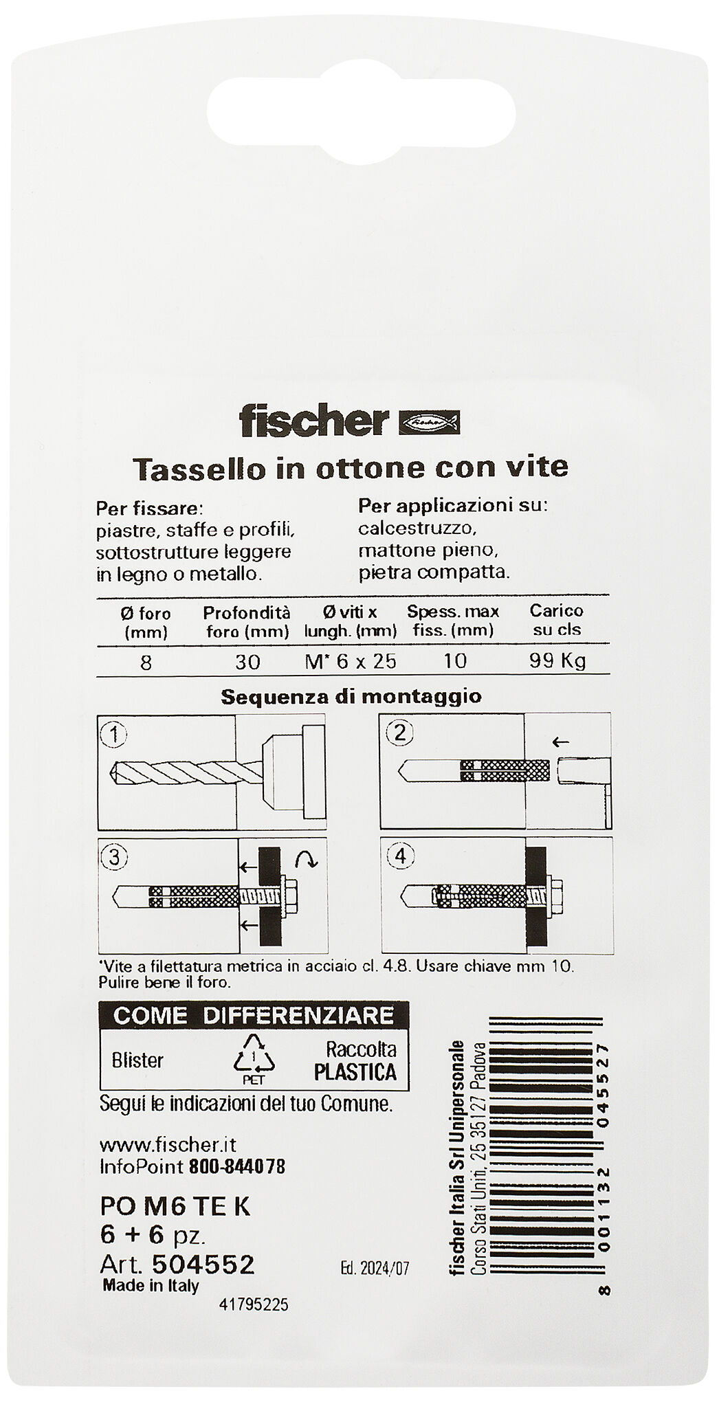 Confezione: "PO M6 S K Tassello in ottone a espansione con filettatura metrica."