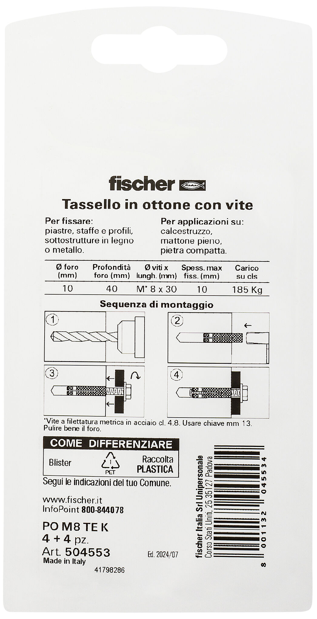 Confezione: "PO M8 S K Tassello in ottone a espansione con filettatura metrica."