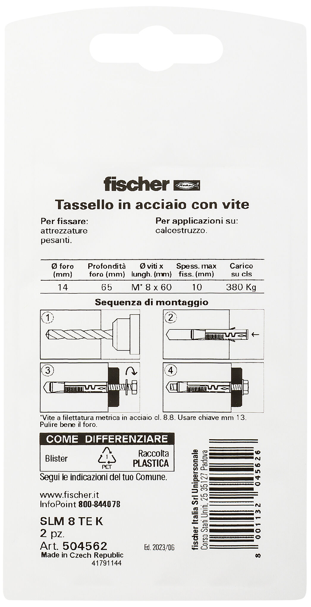 Confezione: "SLM 8 K Ancorante metallico con corpo espandente con vite testa esagonale in blister"