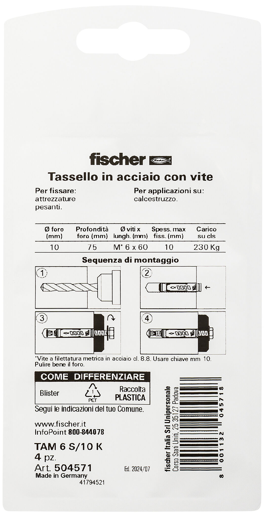 Confezione: "TA M6 S/10 K Ancorante metallico con vite T.E."