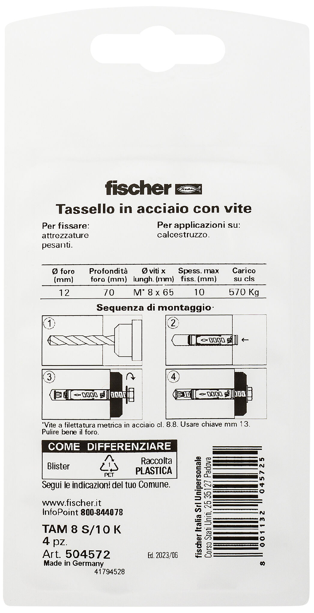 Confezione: "TA M8 S/10 K Ancorante metallico con vite T.E."