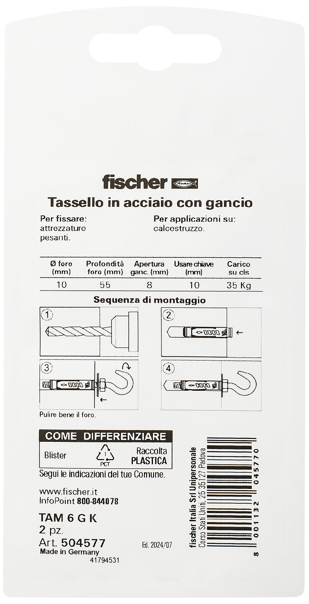 Confezione: "TA M6 G K Ancorante metallico con gancio"
