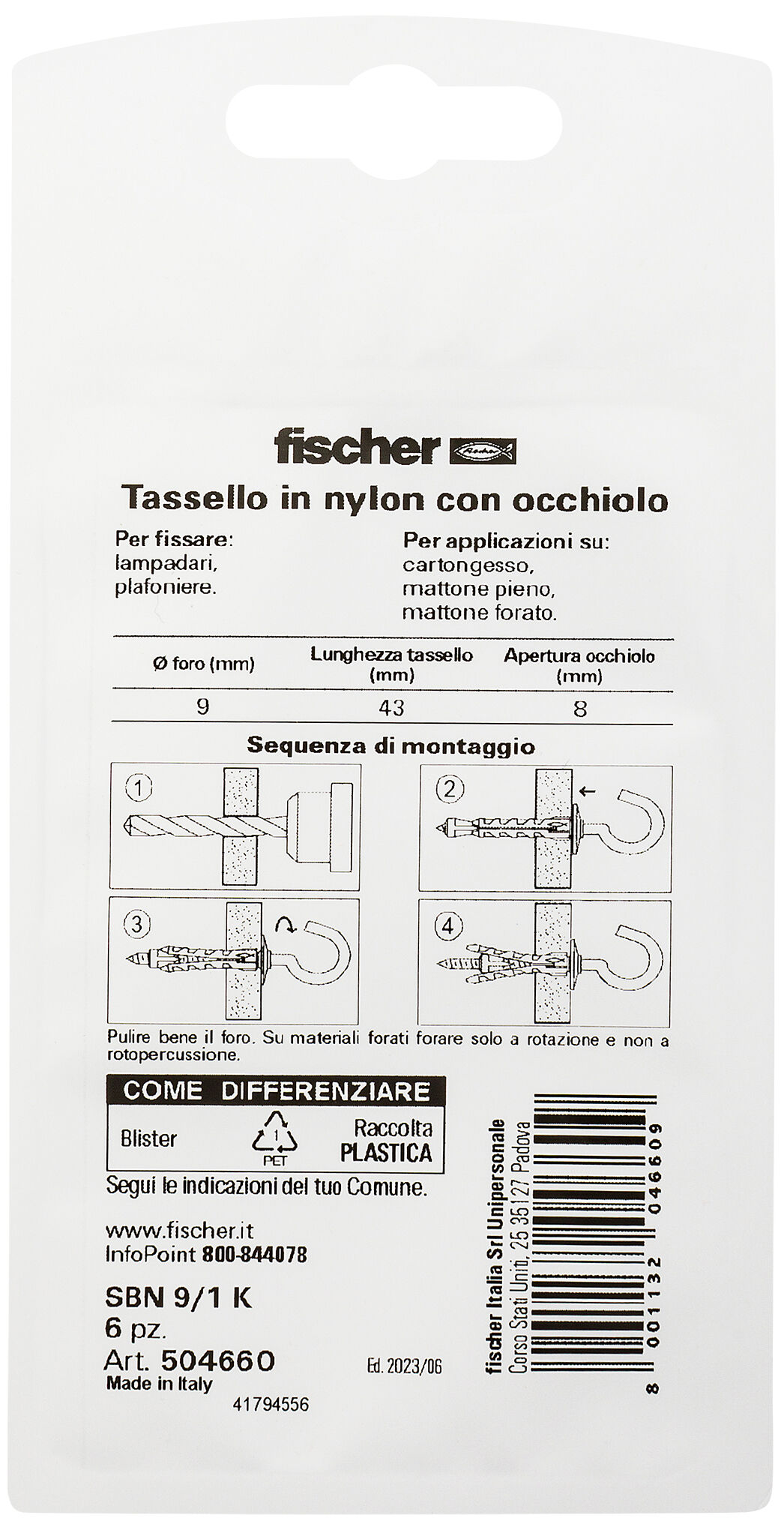 Confezione: "SBN 9/1 K Fissaggio per lastre con gancio medio in blister"