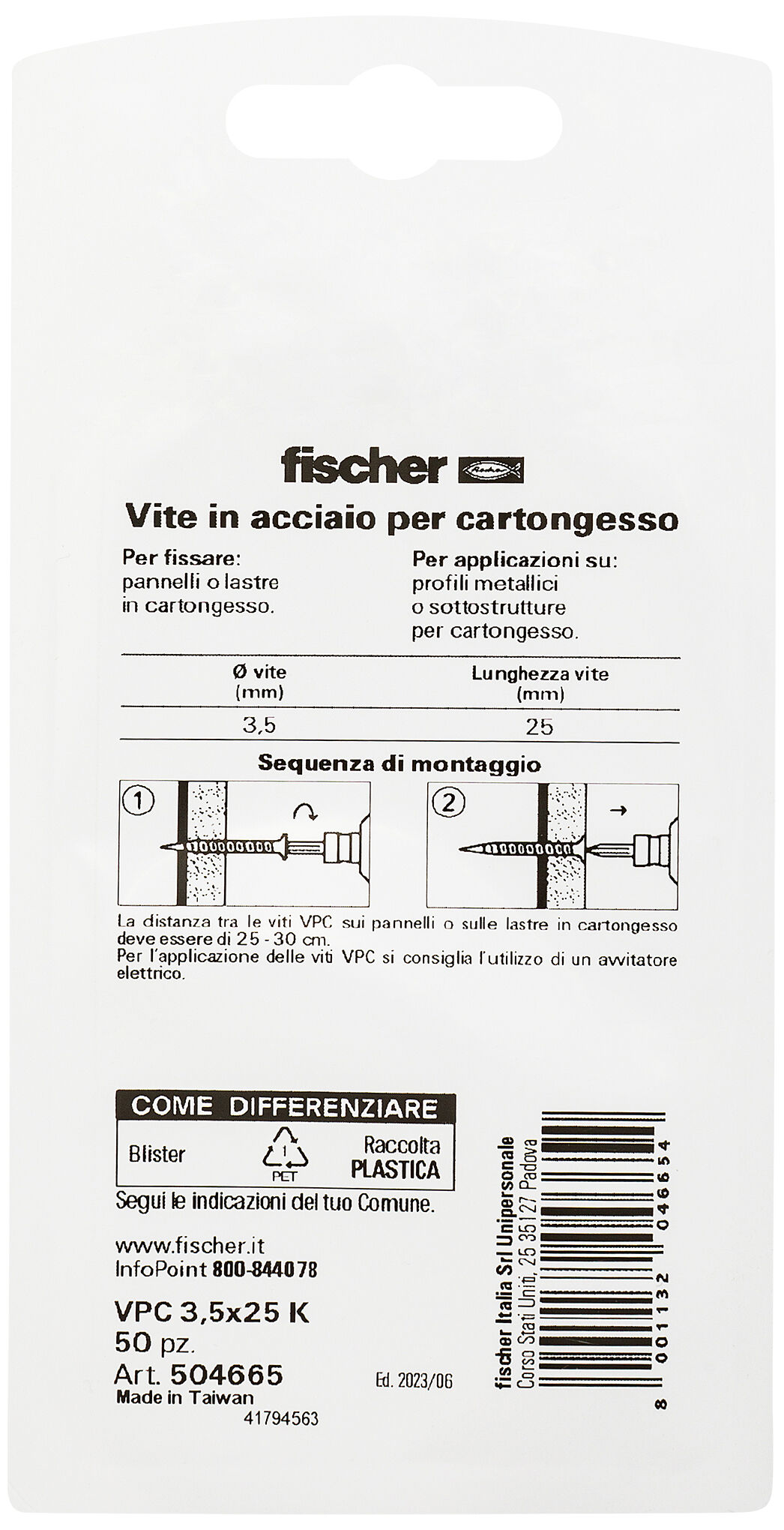 Confezione: "VPC 3,5X25 K Vite per cartongesso con punta autoperforante"