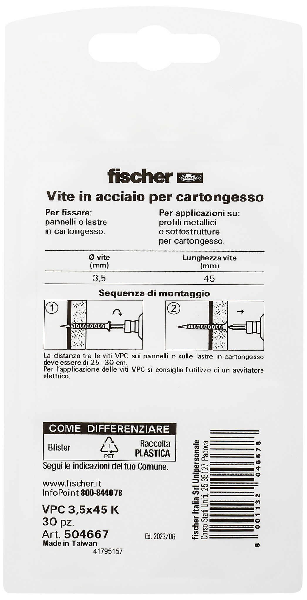 Confezione: "VPC 3,5X45 K Vite per cartongesso con punta autoperforante"