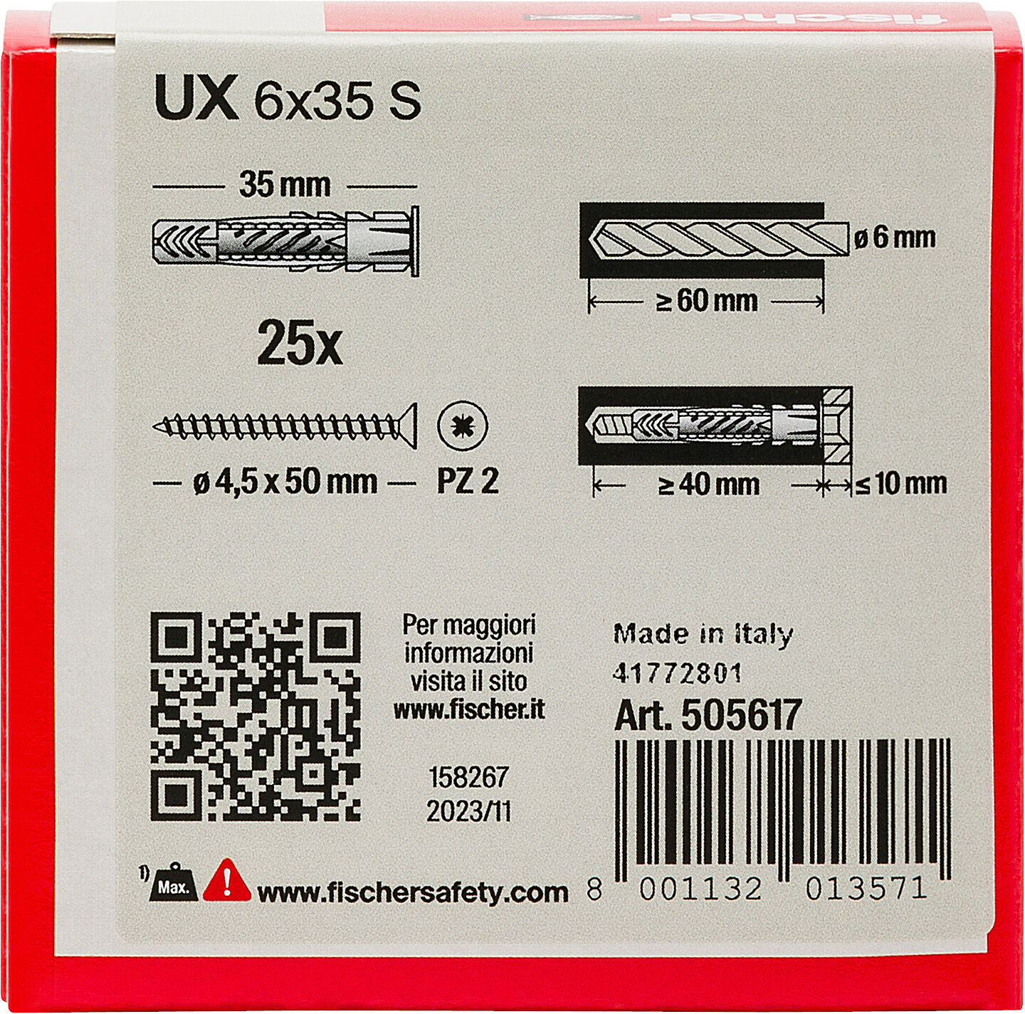 Confezione: "UX 6x35 S Y tassello con vite"