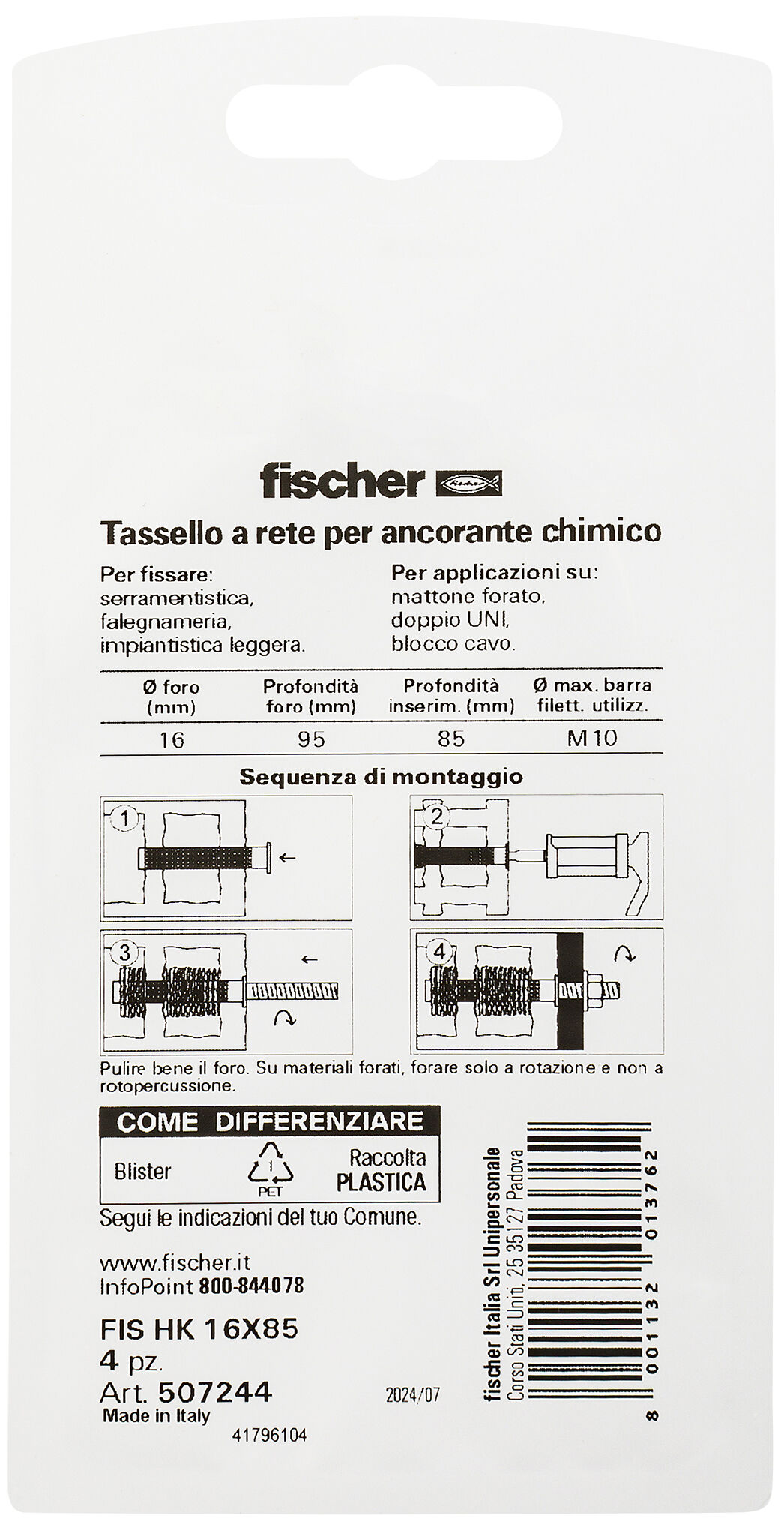 Confezione: "FIS HK 16X85 K Tassello a rete"