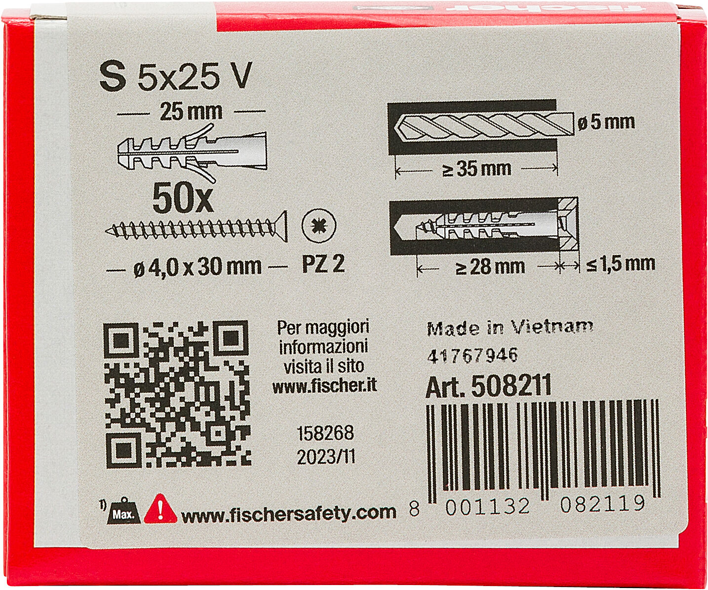 Confezione: "S 5x25 V tassello con vite"