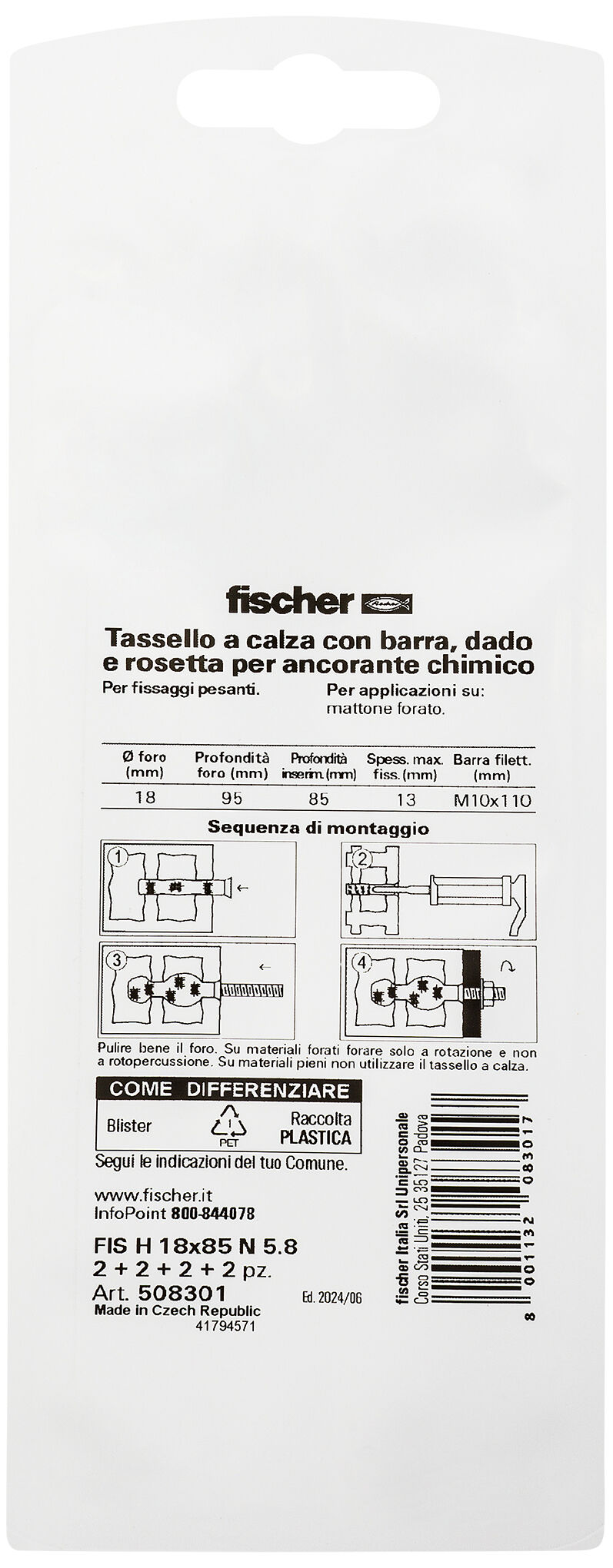Confezione: "FIS HN 18x85 tassello a calza con barre M10"