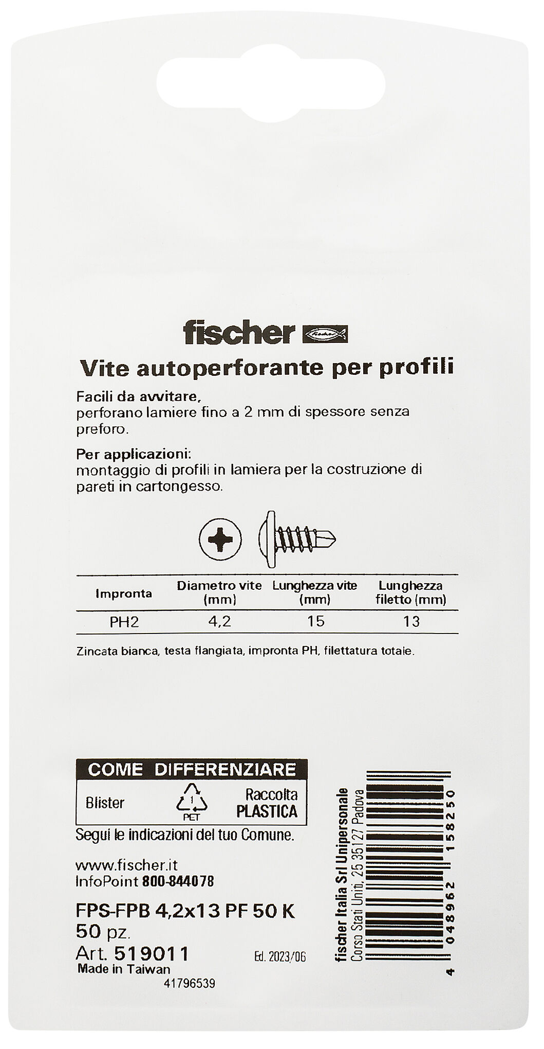 Confezione: "FPS-FPB 4,2X13 PF 50 K Vite per cartongesso in blister"