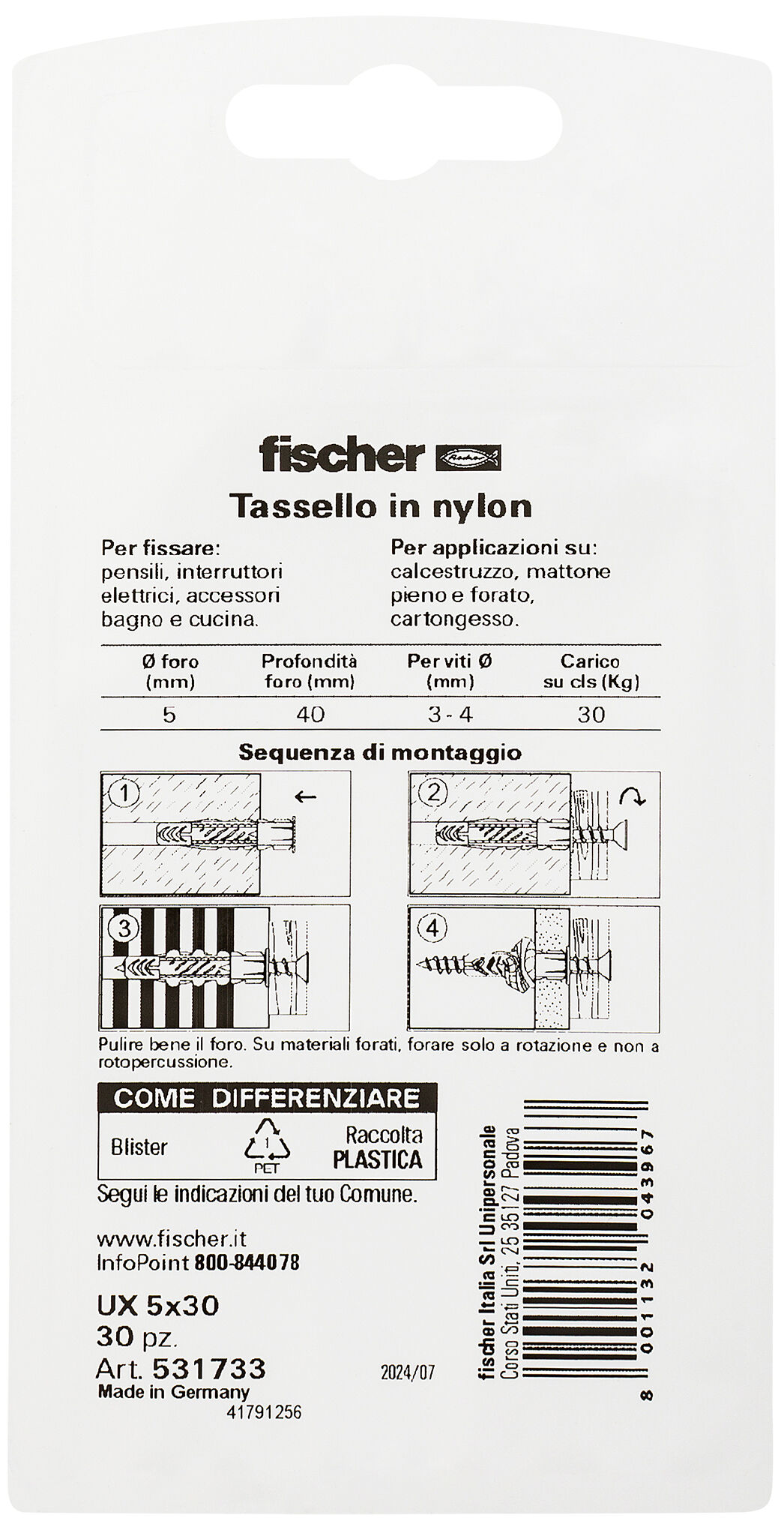 Confezione: "UX 5x30 tassello in blister"