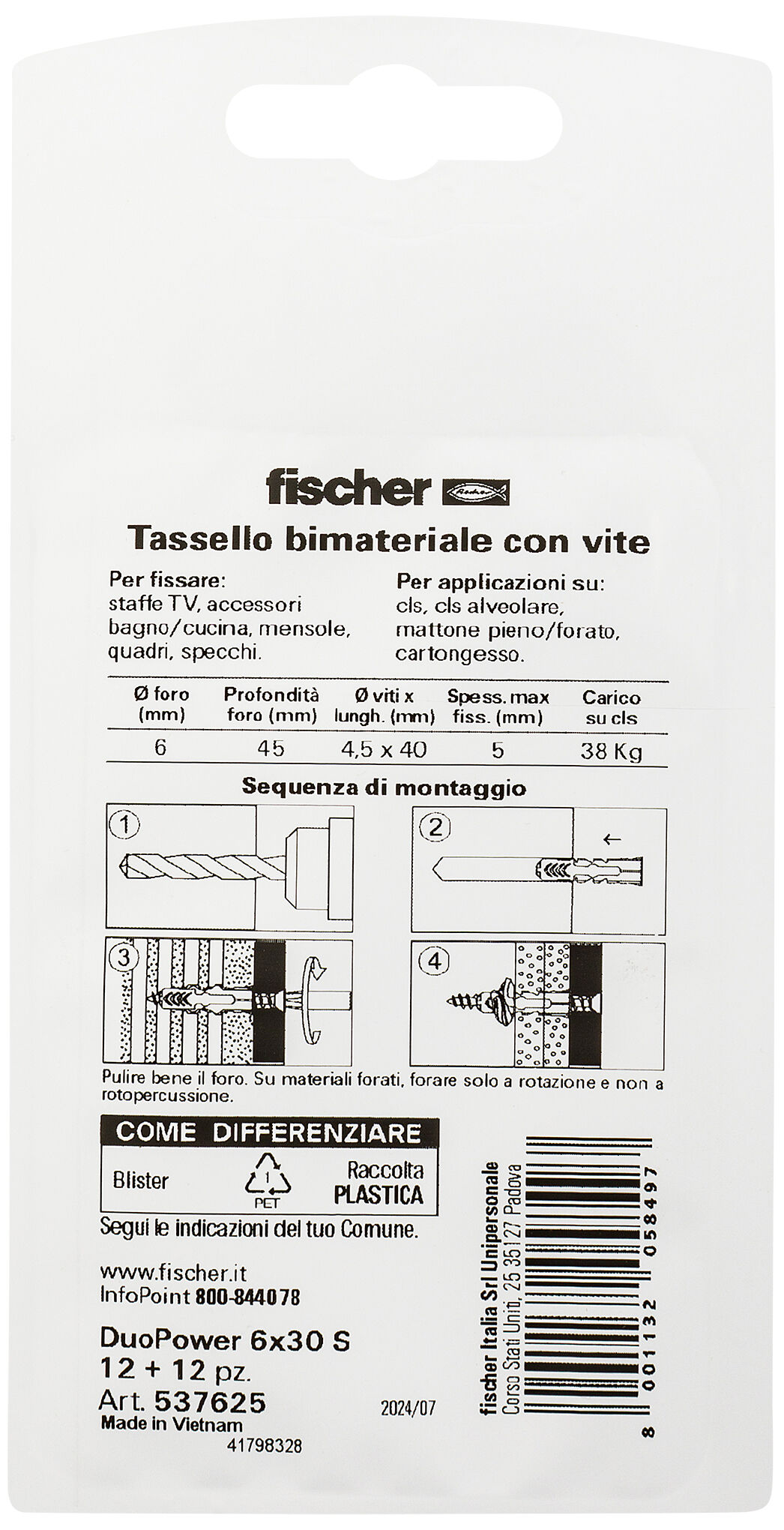 Confezione: "DuoPower 6 S tassello con vite in blister"