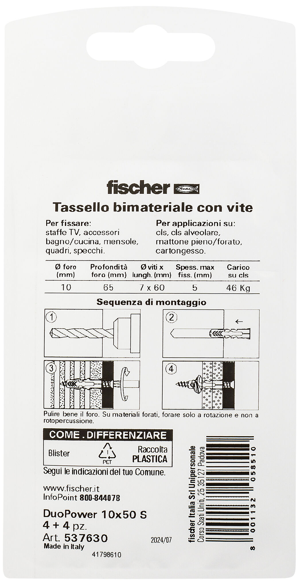 Confezione: "DuoPower 10 S tassello con vite in blister"